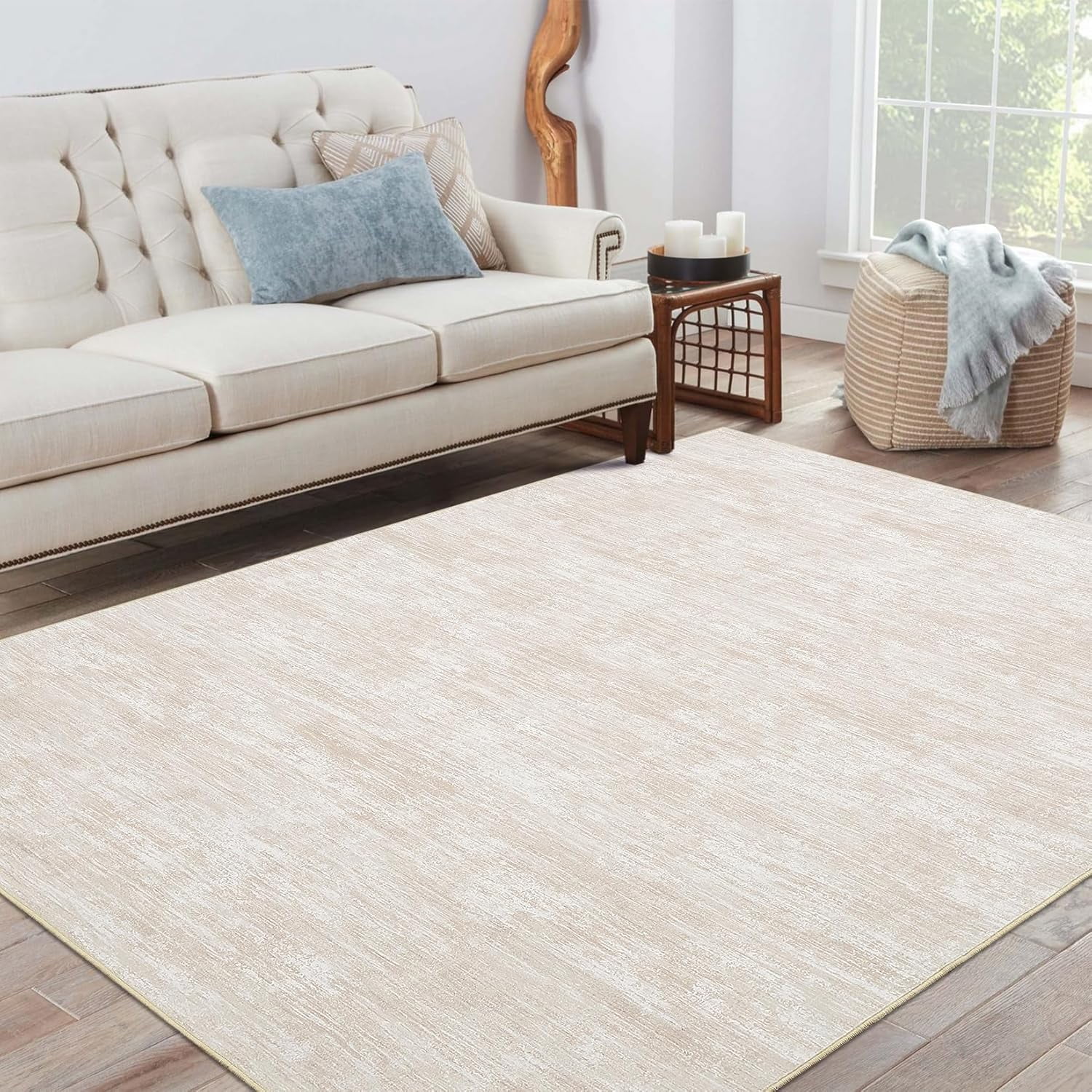 Shininglove Washable Area Rugs 5' x 7' Modern Abstract Plain Texture Living Room Carpet, Contemporary Non-Slip Accent Floor Mat for Bedroom Dining Room(Beige)