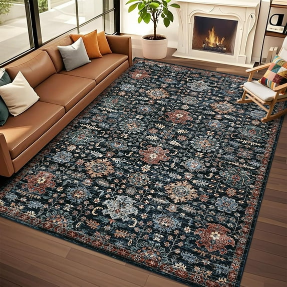 Shininglove Washable Area Rugs 6x9 for Living Room, Soft Vintage Non-Slip Low Pile Carpets for Home Office(Blue)