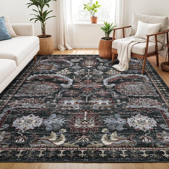 Shininglove Washable Area Rugs 8' x 10', Ultra-Thin Vintage Carpet for Dining Room, Non-Slip Foldable Floor Mat, Black