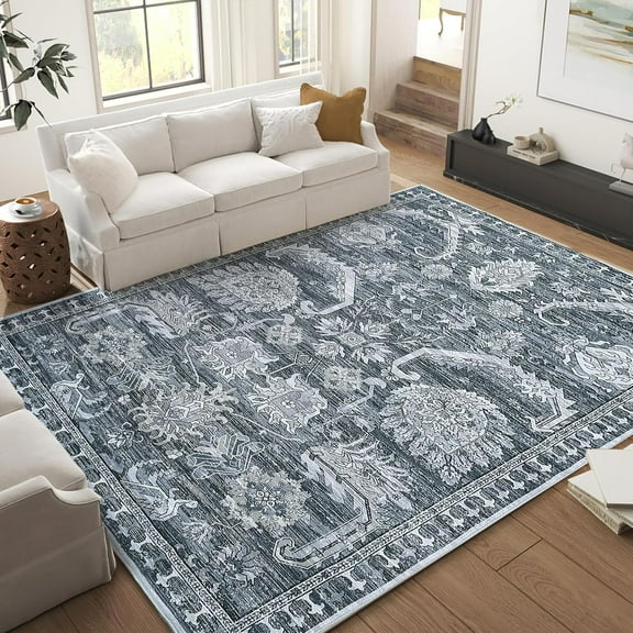 Shininglove Washable Area Rugs 8' x 10', Ultra-Thin Vintage Carpet for Dining Room, Non-Slip Foldable Floor Mat, Grey