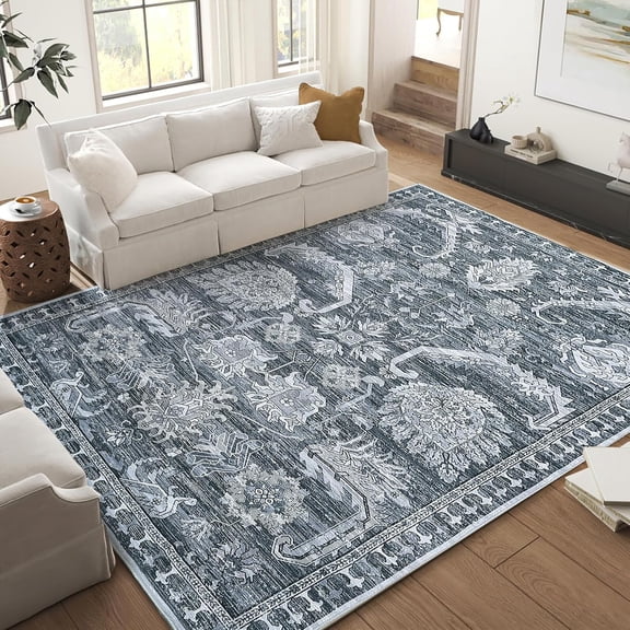 Shininglove Washable Area Rugs 9' x 12' Large, Ultra-Thin Vintage Carpet for Playroom Nursery Room, Non-Slip Foldable Floor Mat, Grey