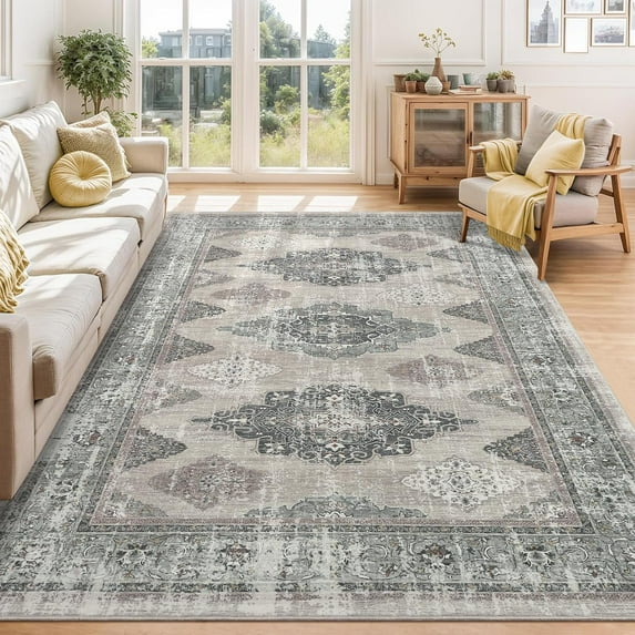 Shininglove Washable Area Rugs for Living Room, Soft Vintage Bedroom Floor Carpet, Distressed Low Pile Non-Slip Mat for Dining Room Home Office