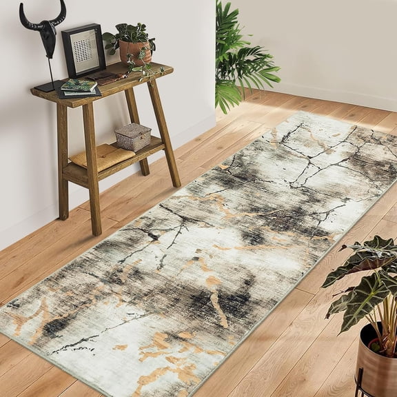Shininglove Washable Runner Rugs 2' x 6' for Living Room, Modern Abstract Marble Print Carpet, Non-Slip, Non-Shedding, for Kitchen Laundry Room Entryway