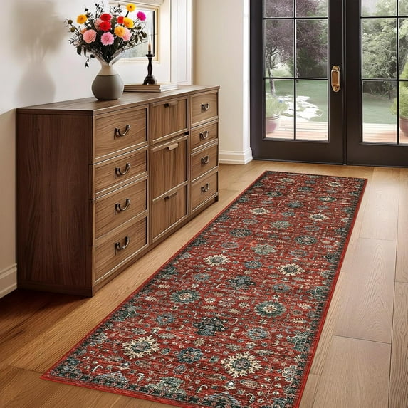 Shininglove Washable Runner Rugs 2x6 for Living Room, Soft Vintage Non-Slip Low Pile Carpets for Home Office(Red)