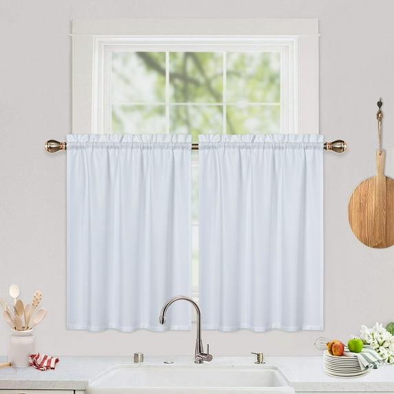 Shininglove White Curtain for Bathroom Window Kitchen Curtains 36 inch Length, Rod Pocket Waffle Weave Textured Small Cafe Curtain, 2 Panels