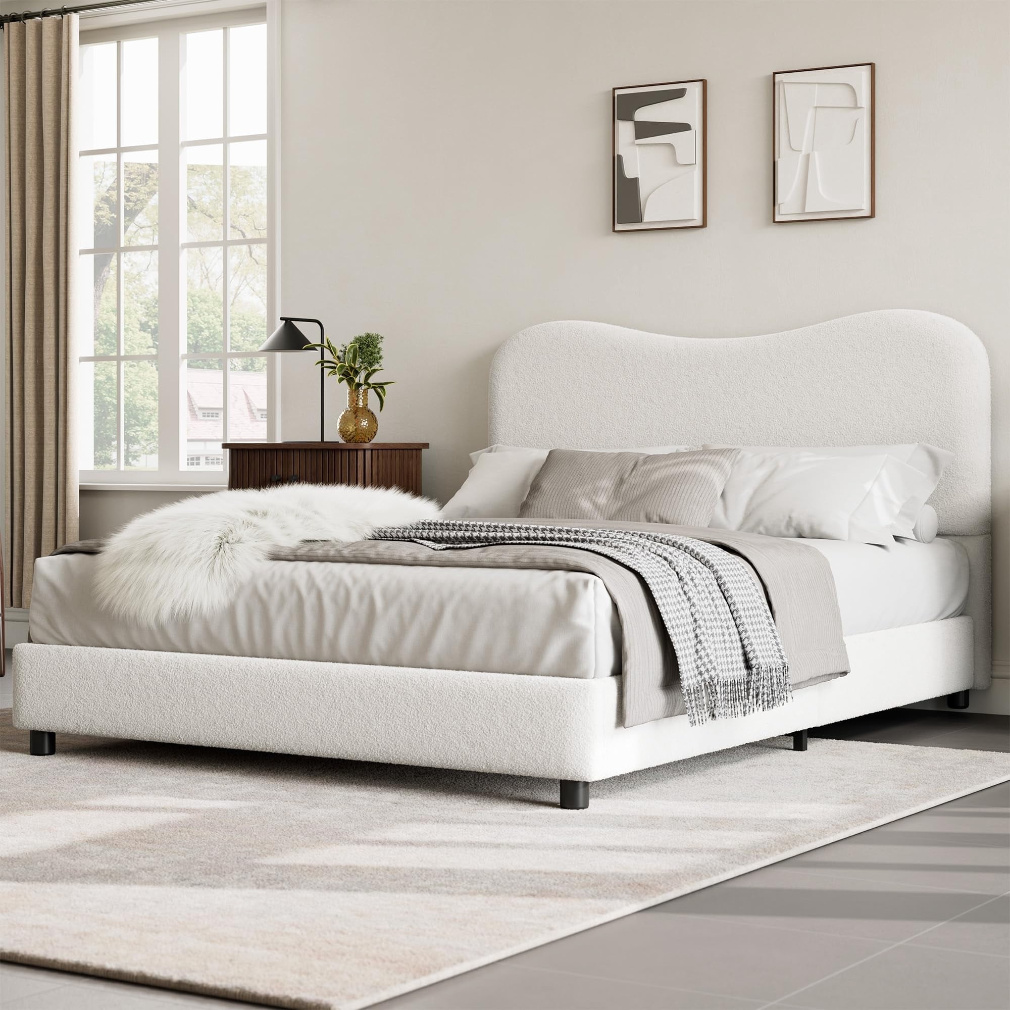 Shininglove White Full Size Bed Frame with Velvet Upholstered Headboard ...