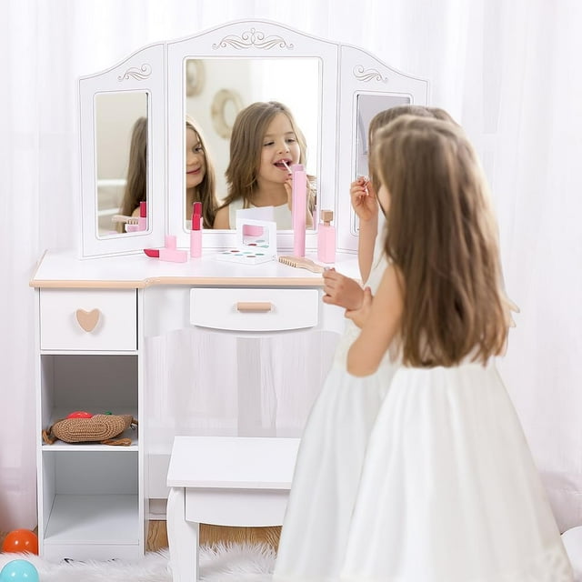 Shininglove White Princess Vanity Table with Chair Kids Vanity Set with