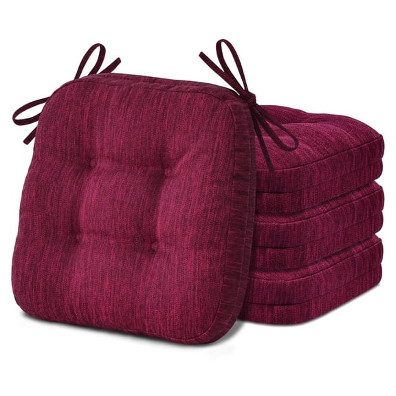 Shinnwa Chair Cushions with Ties 3.5" Thick Tufted Dual-Layer Chair Pads Set of 4 Comfy Seat Cushions for Kitchen Dining Chairs 16.5" x 16.5" Patent Design,Non-Slip Bottom, Burgundy