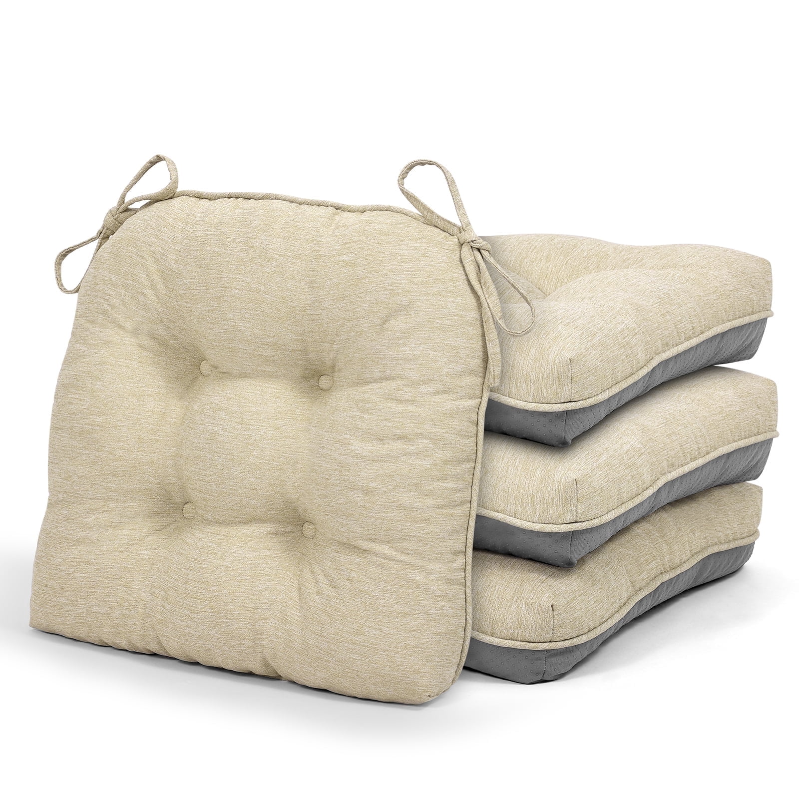 Shinnwa Chair Cushions for Kitchen Chairs Memory Foam Tufted Dining Chair Pads with Ties Non Slip Seat Cushions, Set of 4, Beige