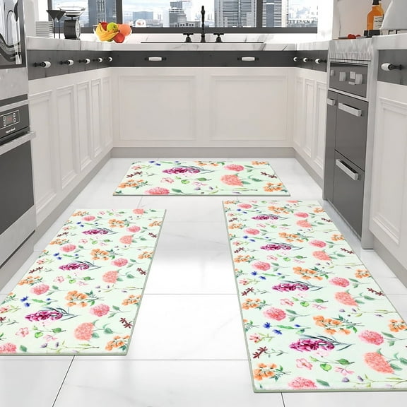 Shinnwa Kitchen Rugs and Mats Set of 3 Washable Soft Plush Kitchen Mats for Floor Non-Slip Floral Print Soft Runner Rugs for Kitchen, Sink, Hallway, Laundry