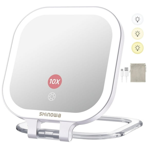 Shinowa Rechargeable Travel Makeup Mirror with 72 LED Lights, 1X/10X Magnifying Vanity Mirror with 3 Color Light, Folding Stand, 7 Inch Portable Dimmable Double Sided Compact Lighted Mirror, White
