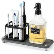 Shinowa Toothbrush Holders for Bathrooms, 5 Slots Electric Toothbrush and Toothpaste Holder, Bathroom Tooth Brushing Organizer Set with Soap Dispenser and Fast Drying Stone Tray