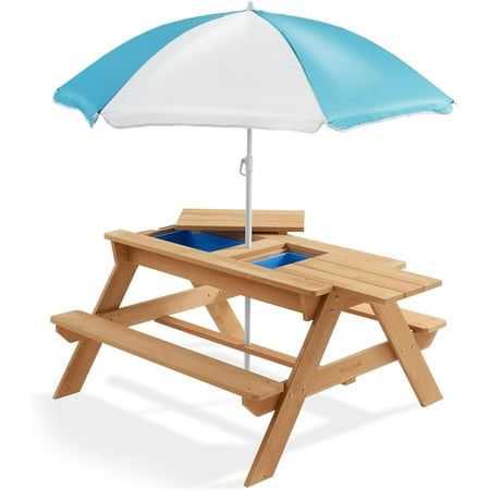 Shinpt 3-in-1 Kids Outdoor Wooden Picnic Table With Umbrella and Removable Lid, Convertible Sand & Wate, Gray