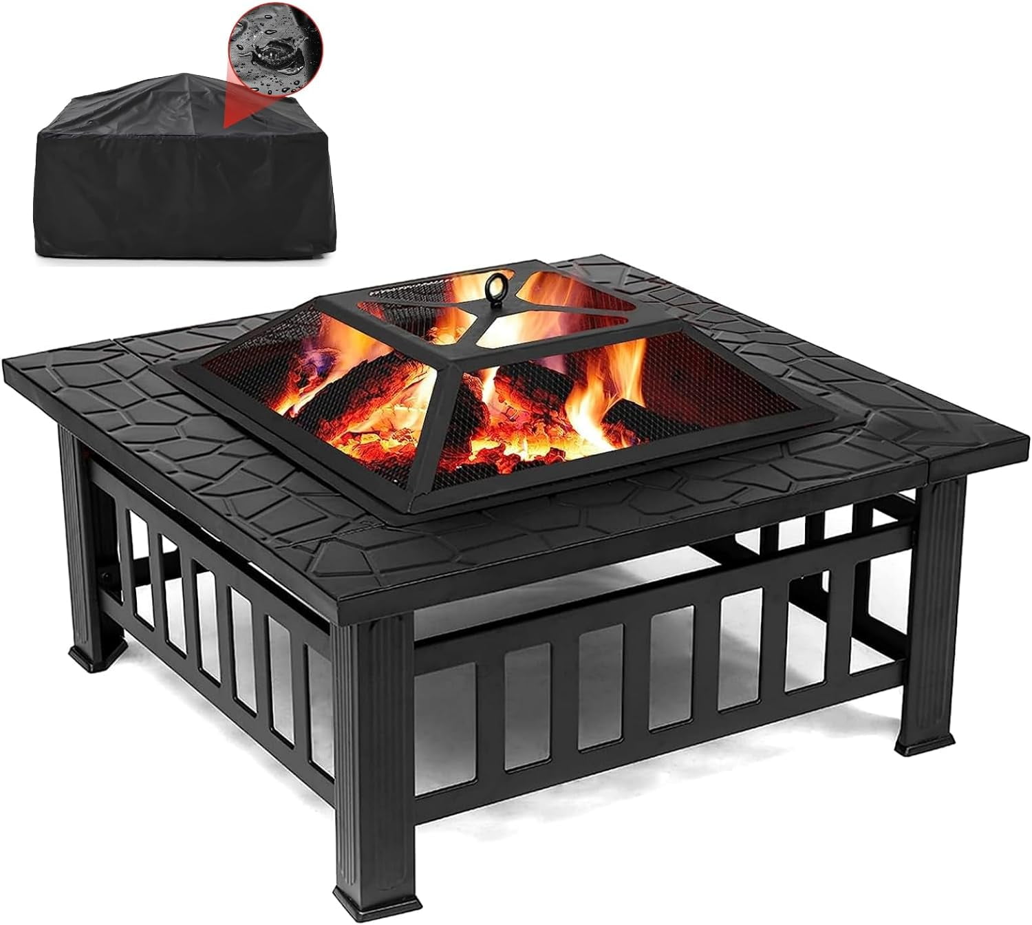 32-Inch Black Square Metal Wood Burning Fire Pit Table