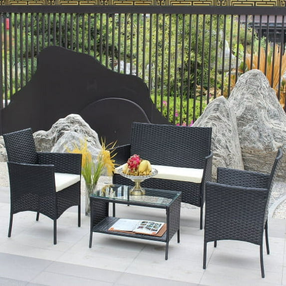 Shinpt 4 Piece Outdoor Patio Furniture Set, PE Rattan Wicker Table and Chairs Set with Beight Cushions, 4 Pieces Conversation Sets for Garden and patio, Black