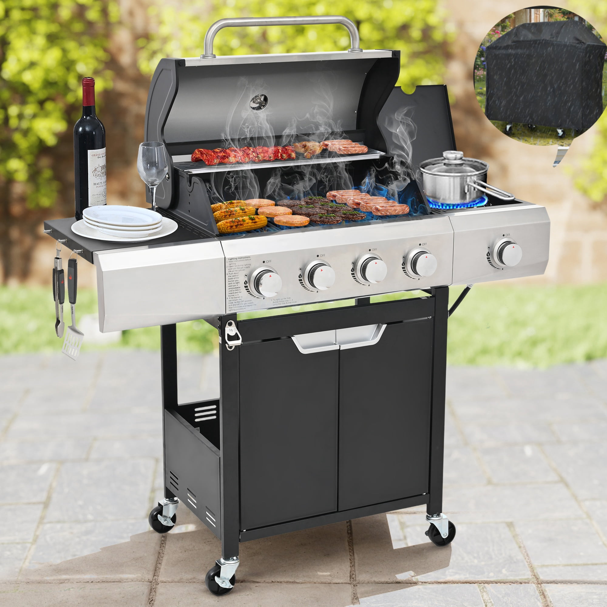 SHINPT 4-Burner Gas Grill with 4 Universal Wheels & Bottle Opener, 40000BTU Propane Grill for Outdoor Use