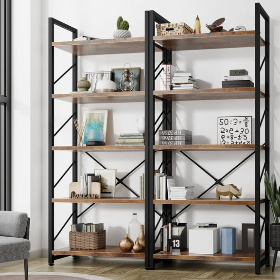 2 Pieces 5 Tiers Bookshelf, Classically Tall Bookcase Shelf, Industrial Book Rack, Modern Book Holder in Bedroom/Living Room/Home/Office, Storage Rack Shelves for Books/movies-Rustic Brown