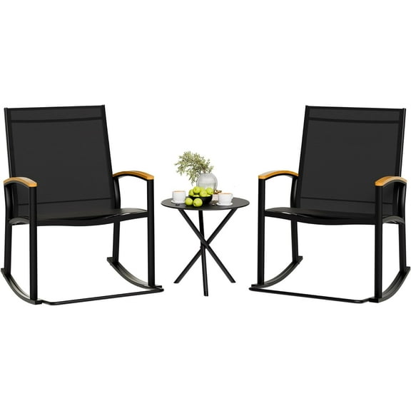 3 Piece Outdoor Rocking Bistro Set, Textilene Fabric Small Patio Furniture Set, Front Porch Rocker Chairs Conversation Set with Table for Lawn, Garden, Balcony, Poolside (Black)
