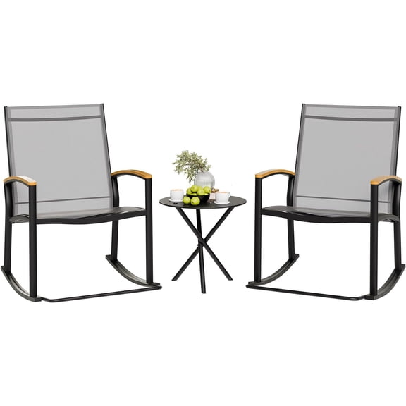 3 Piece Outdoor Rocking Bistro Set, Textilene Fabric Small Patio Furniture Set, Front Porch Rocker Chairs Conversation Set with Table for Lawn, Garden, Balcony, Poolside (Light Gray)