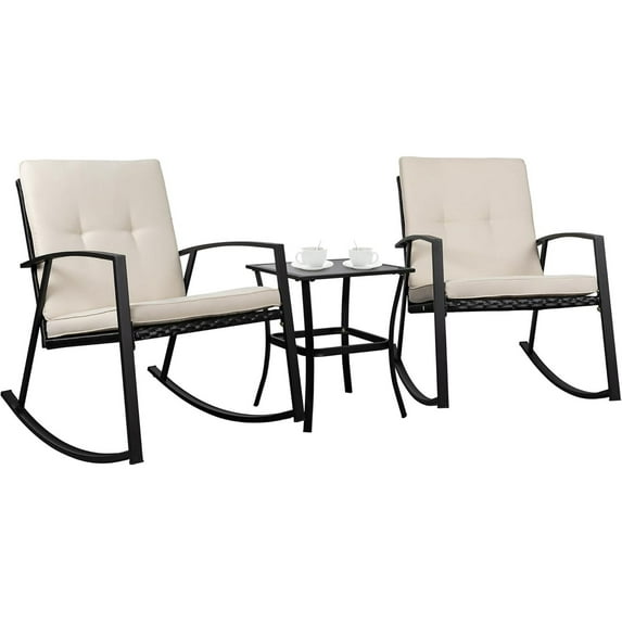 3 Pieces Rocking Bistro Set Wicker Patio Outdoor Furniture, 2 Rattan Porch Chairs Conversation Sets with Glass Coffee Table (Beige)