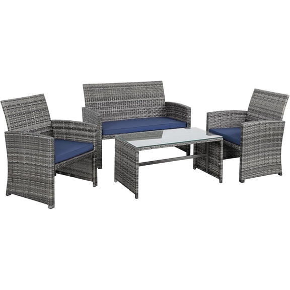 4-Piece Outdoor Gray Wicker Patio Conversation Furniture Set, Rattan Patio Furniture Set with Weather Resistant Cushions and Tempered Glass Tabletop,Navy Blue