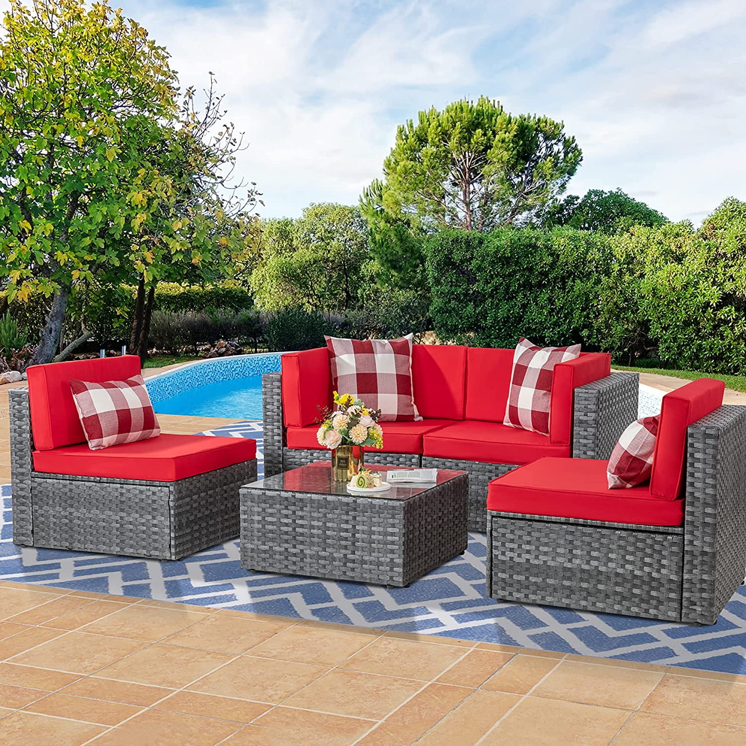 Shintenchi 5 Pieces Outdoor Patio Sectional Sofa Couch Silver Gray PE