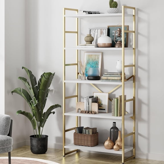 5 Tiers Bookshelf, Classically Tall Bookcase Shelf,Industrial Book Rack,Modern Book Holder in Bedroom/Living Room/Home/Office, Storage Rack Shelves for Books/Movies,Gold