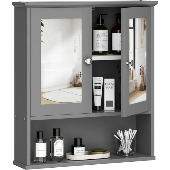 Bathroom Cabinet with Mirror, Wood Medicine Cabinet with Adjustable Shelf, Wall Mount Cabinet Storage, Cupboard, Grey