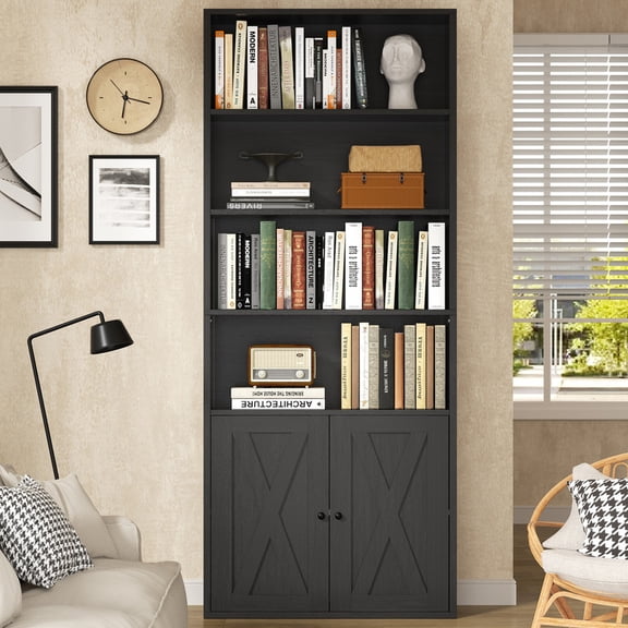Shintenchi Farmhouse 4-Tier Bookshelf with Bottom Cabinet  Rustic Wooden Open Shelves & Hidden Storage, Home Storage Bookcase for Living Room