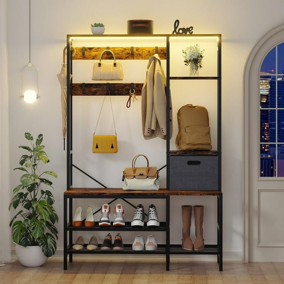 Hall Tree Coat Rack with LED Lights,Modern Coat Rack with Bench Shoe Storage and Removable Coat Hooks 5 in 1 Large Organizer with Storage Basket for Entryway Hallway Bedroom (Brown)