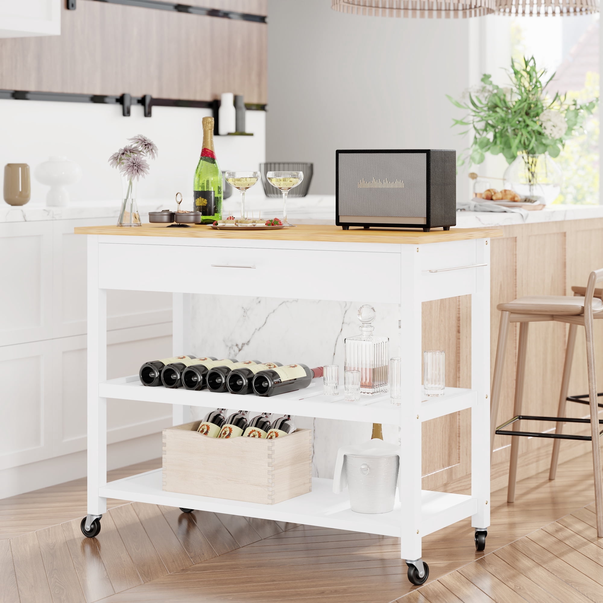 Kitchen Island Cart with Storage,Rolling Kitchen Island Side Table on Wheels with Large Worktop,Storage Cabinet,Towel Rack,Drawers and Open Shelves for Kitchen,Dinning Room,White