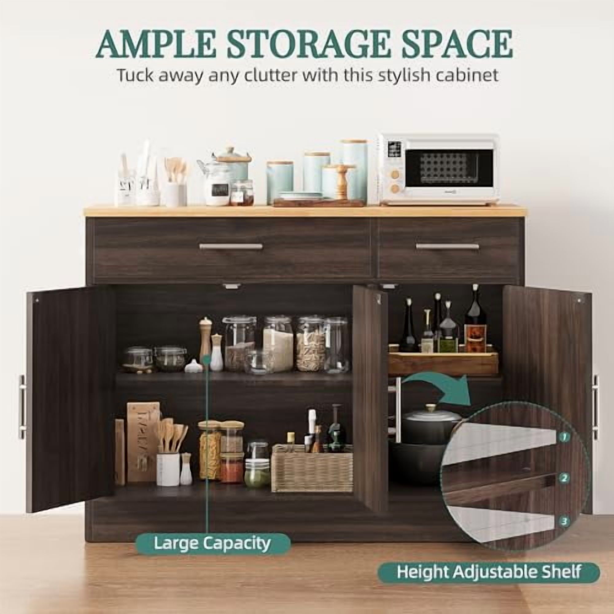 Shintenchi Modern Farmhouse Buffet Cabinet - 42.5"W, 3 Doors, Adjustable Shelf, Grey