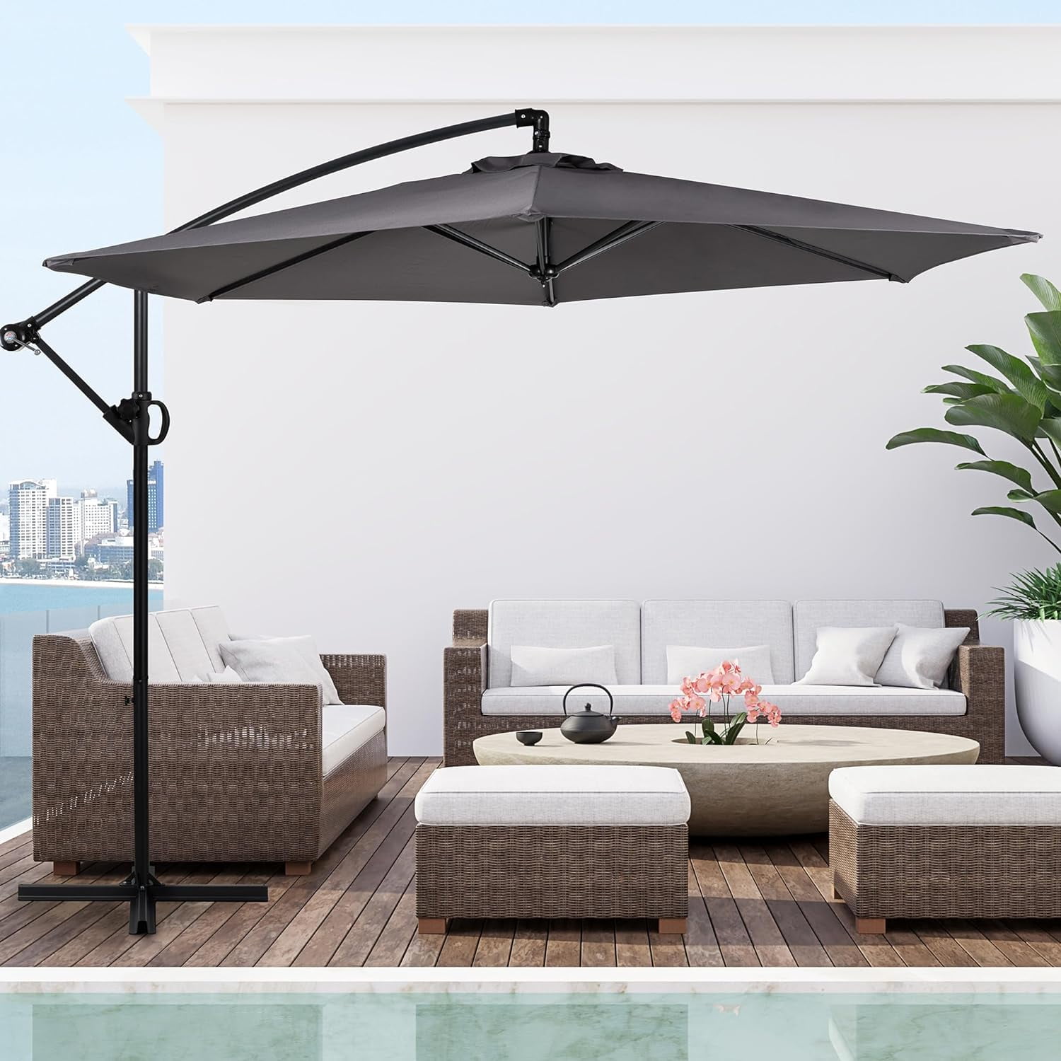 10FT Dark Gray Outdoor Cantilever Patio Umbrella with Tilt and Crank