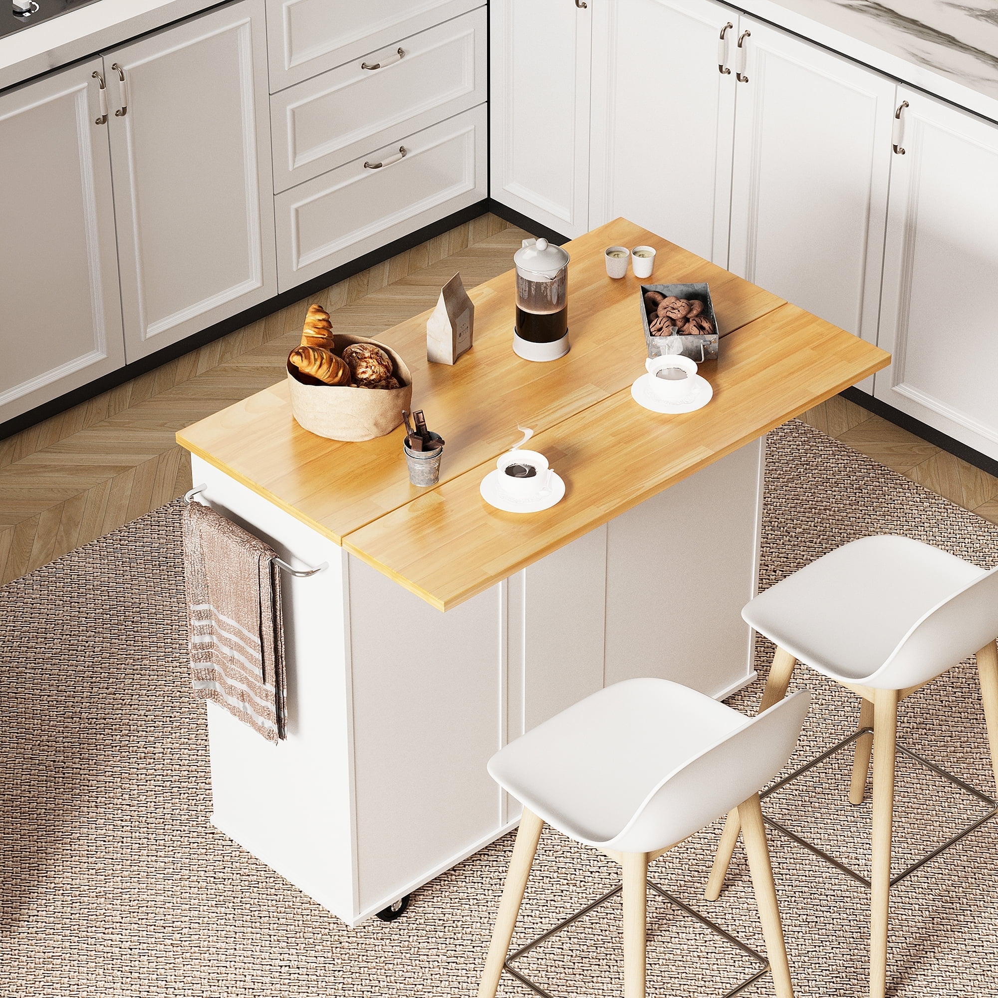 Rolling Kitchen Island Cart with Folding Drop Leaf Breakfast Bar