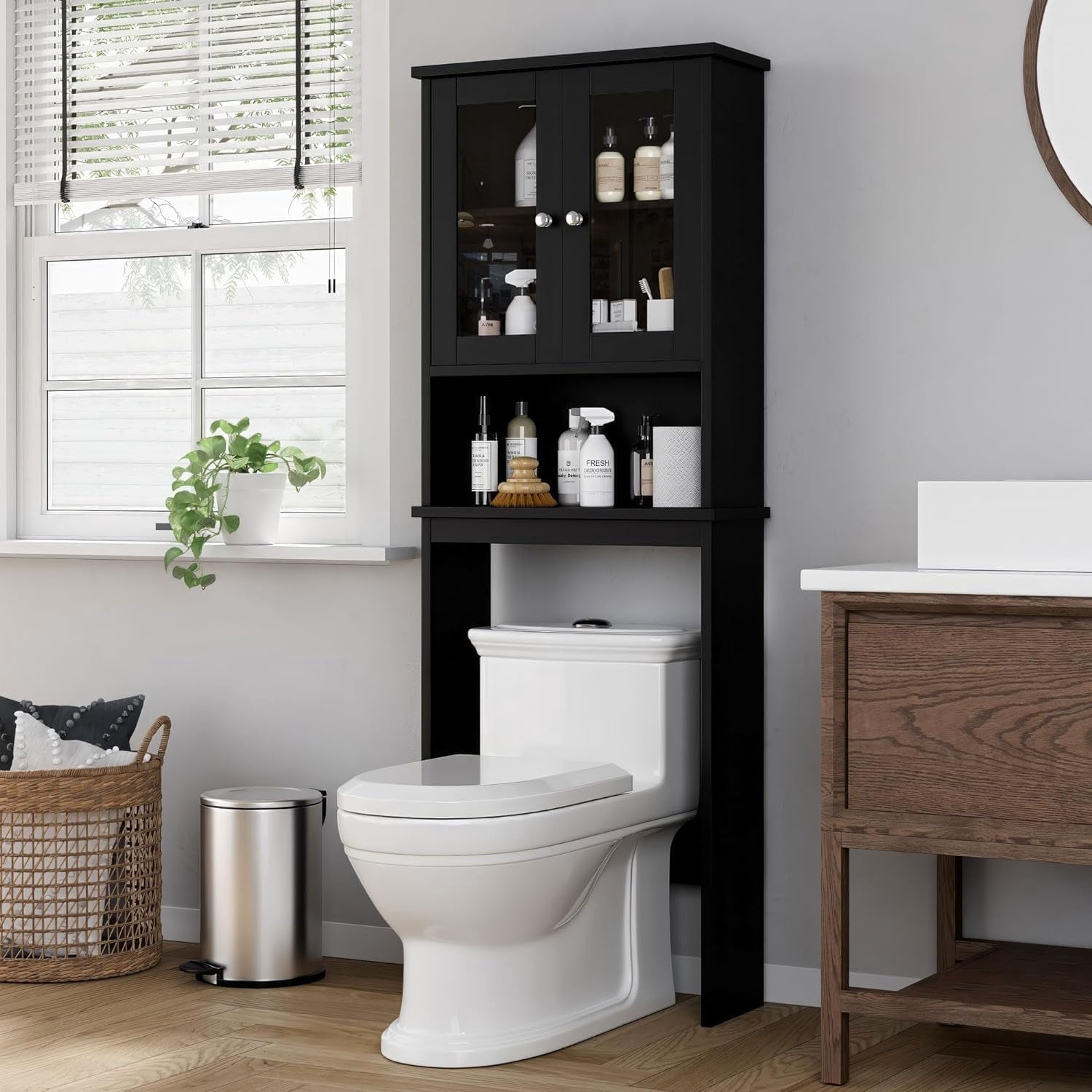 Over The Toilet Storage Cabinet, Bathroom above The Toilet Rack, Bathroom Adjustable Shelf Organizer with Open Bottom Bar and Anti-Tip Device, Black