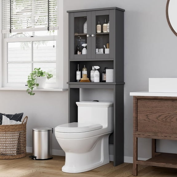 Over The Toilet Storage Cabinet, Bathroom above The Toilet Rack, Bathroom Adjustable Shelf Organizer with Open Bottom Bar and Anti-Tip Device, Gray