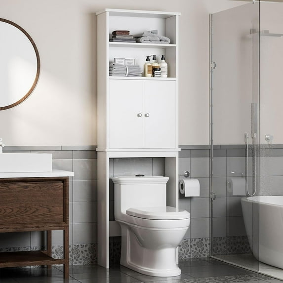 Over The Toilet Storage Cabinet, Bathroom above The Toilet Rack, Bathroom Adjustable Shelf Organizer with Open Bottom Bar and Anti-Tip Device, White