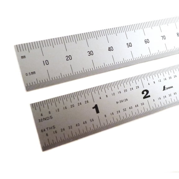 Shinwa 12" 300 mm English Metric Rigid 1.250 wide x .040 thick Zero Glare Satin Chrome Stainless Steel E/M Machinist Engineer Ruler/Rule with Graduations in 1/64, 1/32, mm and .5mm Model H-3412C