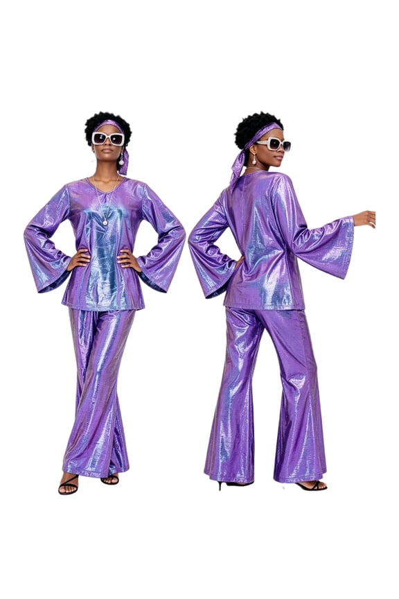 Shiny 70s Disco Set, Adult V-Neck Bell Sleeve Top & Flare Pants with Headband for Halloween & Party, Hippie Costume, 1 PC Light Purple XXXL