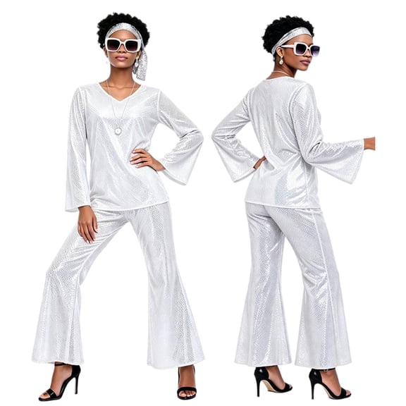 Shiny 70s Disco Set, Adult V-Neck Bell Sleeve Top & Flare Pants with Headband for Halloween & Party, Hippie Costume, 1 PC White XL