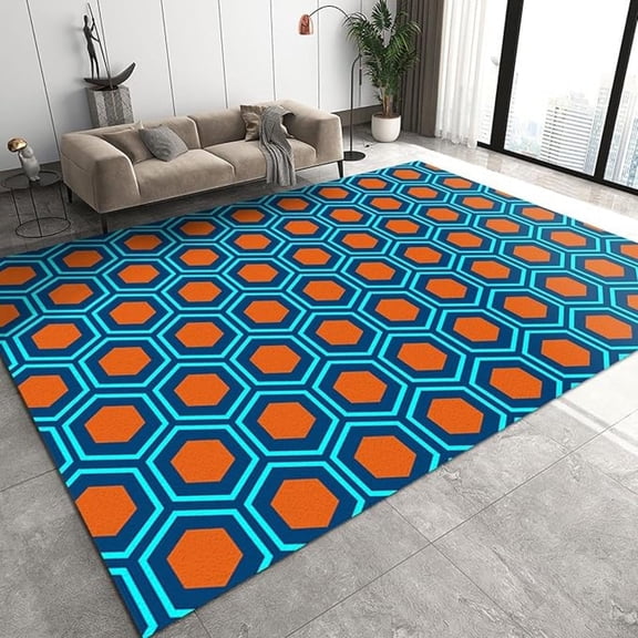 Shiny Abstract Honeycomb Geometry Area Rug, Blue Orange Irregular Diamond Print Kids Rugs, For Room Sofa Living Room Mat Bedroom Home Decor Floor Mats 4x5ft