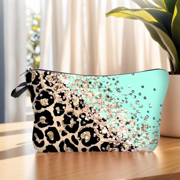 Shiny Animal Print Small Cosmetic Bag Lightweight Polyester Travel Toiletry Organizer Multi-Functional Pouch for Women Accessories Shampoo Storage (Green)