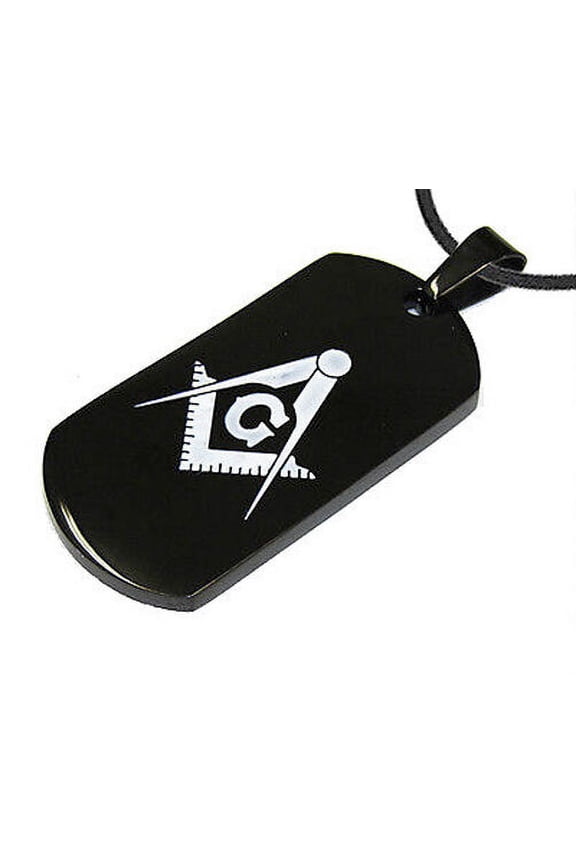 Shiny Black Masonic Dog Tag Smooth Square & Compass Steel Pendant