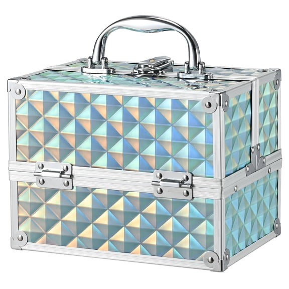 Shiny Blue Portable Lockable Makeup Case Travel Organizer