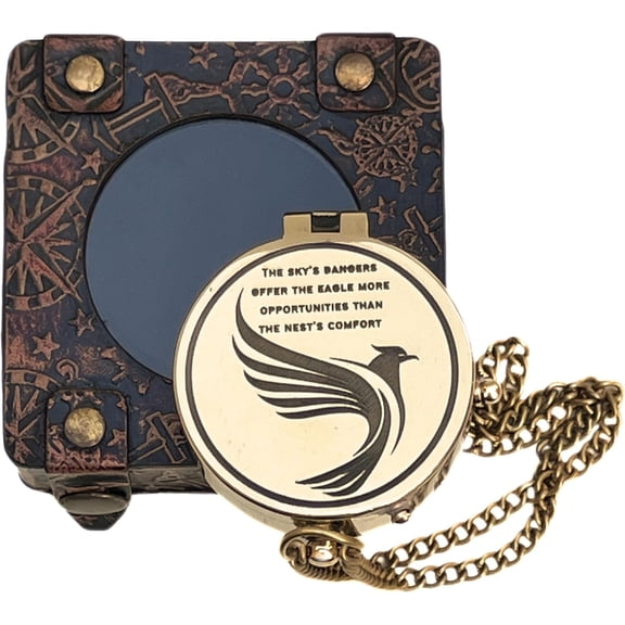 Shiny Brass Pocket Compass Engraved Flying Eagle with Quotes for Camping Hiking Travelling Magnetic Navigational Instrument Directional Device Collectible Item