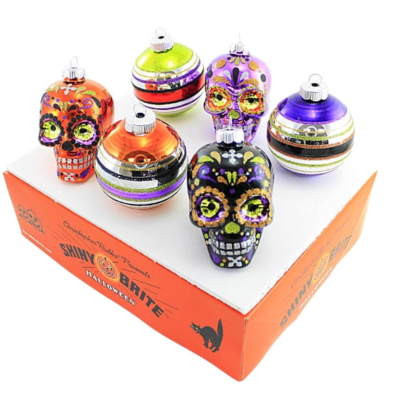 Shiny Brite 3.25" Decorated Rounds & Skulls Ornament Halloween Skulls 4028052