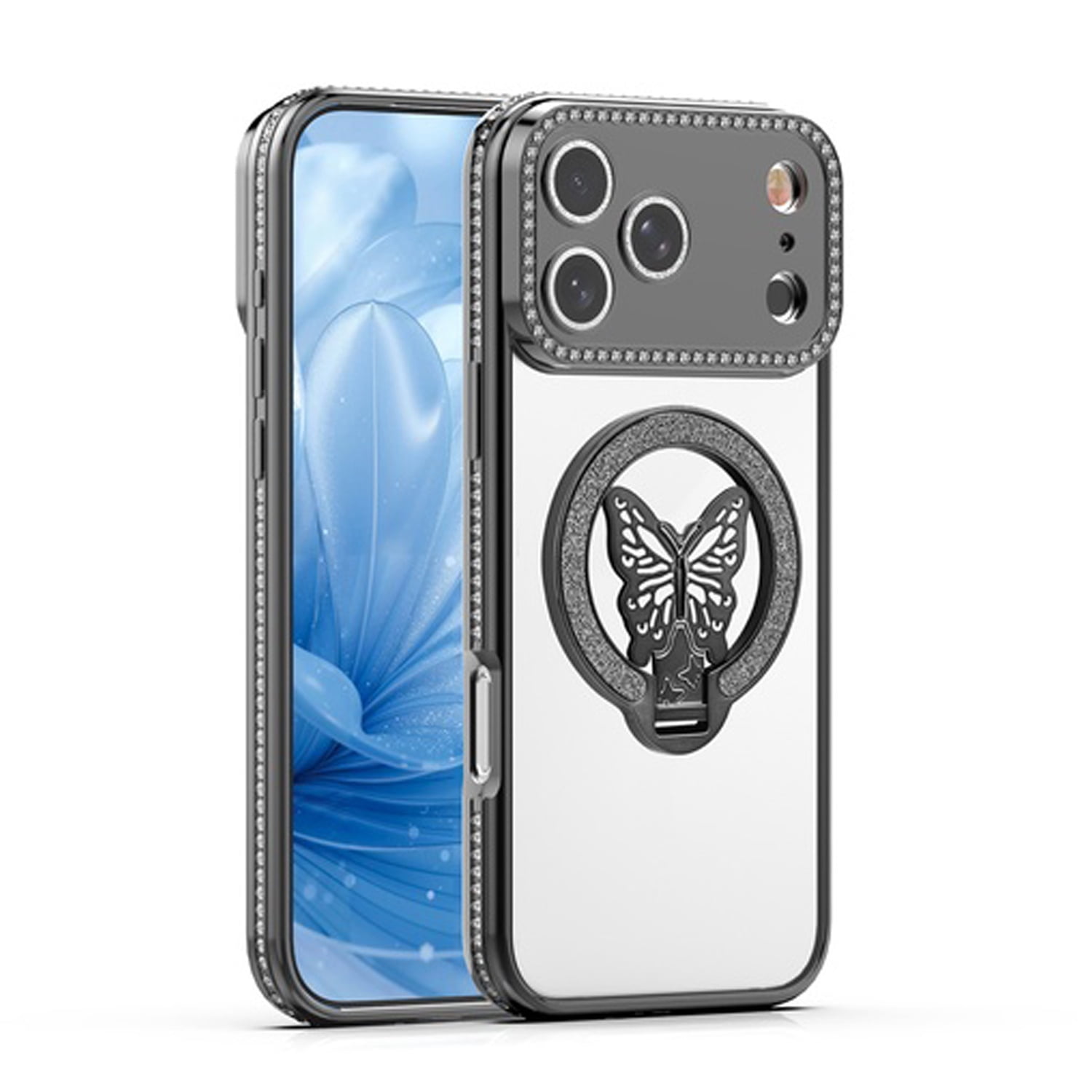 Shiny Butterfly Stand Case for iPhone 17 Pro Max - Black