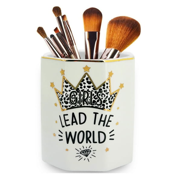 Shiny Ceramic Pen Holder Stand Cup Pencil Organizer Makeup Brush Holders for Home Office Desk Gold Crown
