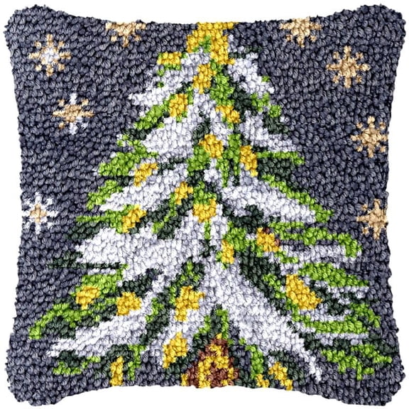 Shiny Christmas Tree Latch Hook Pillow Cover Kits for DIY Handmade Throw Pillow Cross Stitch Latch Hook Pillowcase Rug Kits with Preprinted Color Pattern Canvas Crochet Yarn Kits 17''X 17''(fv86)