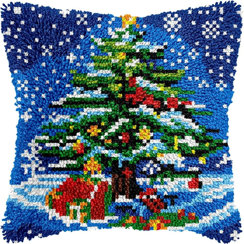 Shiny Christmas Tree Latch Hook Pillow Kits for DIY Handmade Throw Pillow Cushion Embroidery Latch Hooking Pillowcase Kits with Preprinted Canvas Crochet Yarn Kits 17''X 17''(g194)
